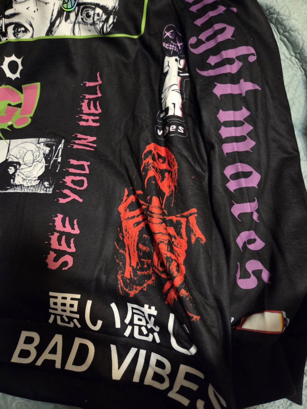 Black Graphic Performance Hoodie with Multicolor Anime Panels - Picture 4 of 11